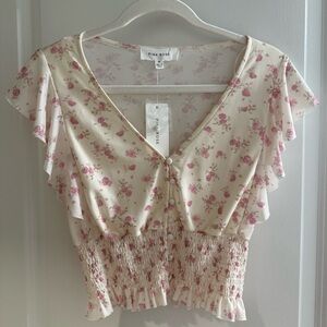Pink Rose Floral Blouse - Cream and Pink